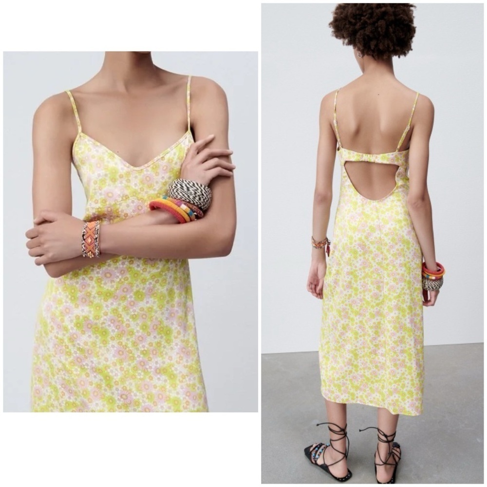 Zara Satin Baby Doll 90s Retro Micro Floral Yellow Women’s Midi Slip Dress Sz S